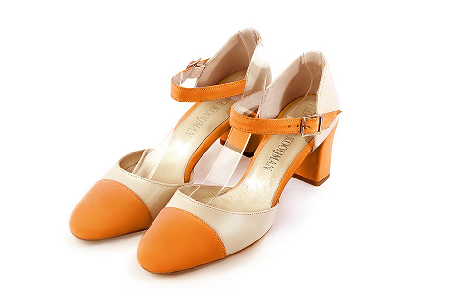 Women's apricot orange and champagne white open side dress shoes, with an instep strap. Round toe. Medium block heels - Front view